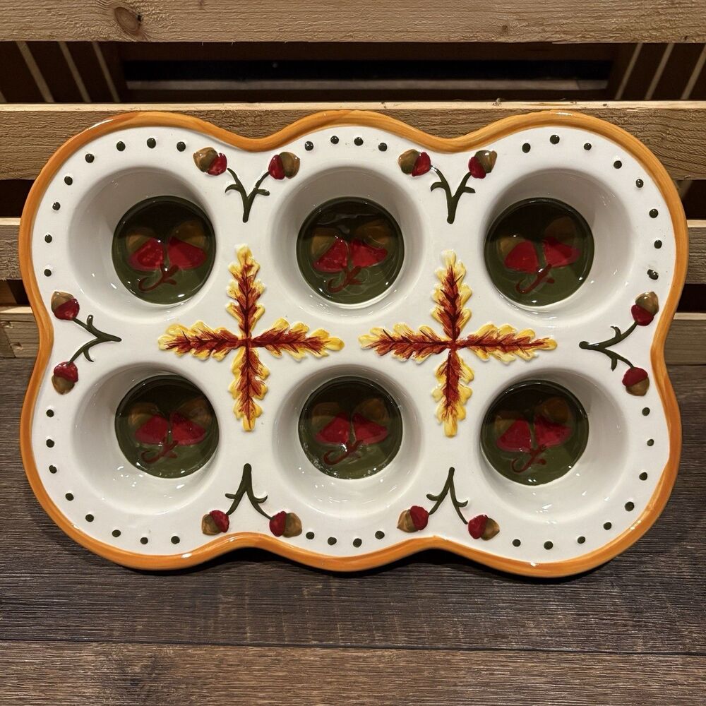 Temp-tations by Tara Fall Harvest 6 Muffin Pan w Metal Stand Acorn Leaf Ceramic